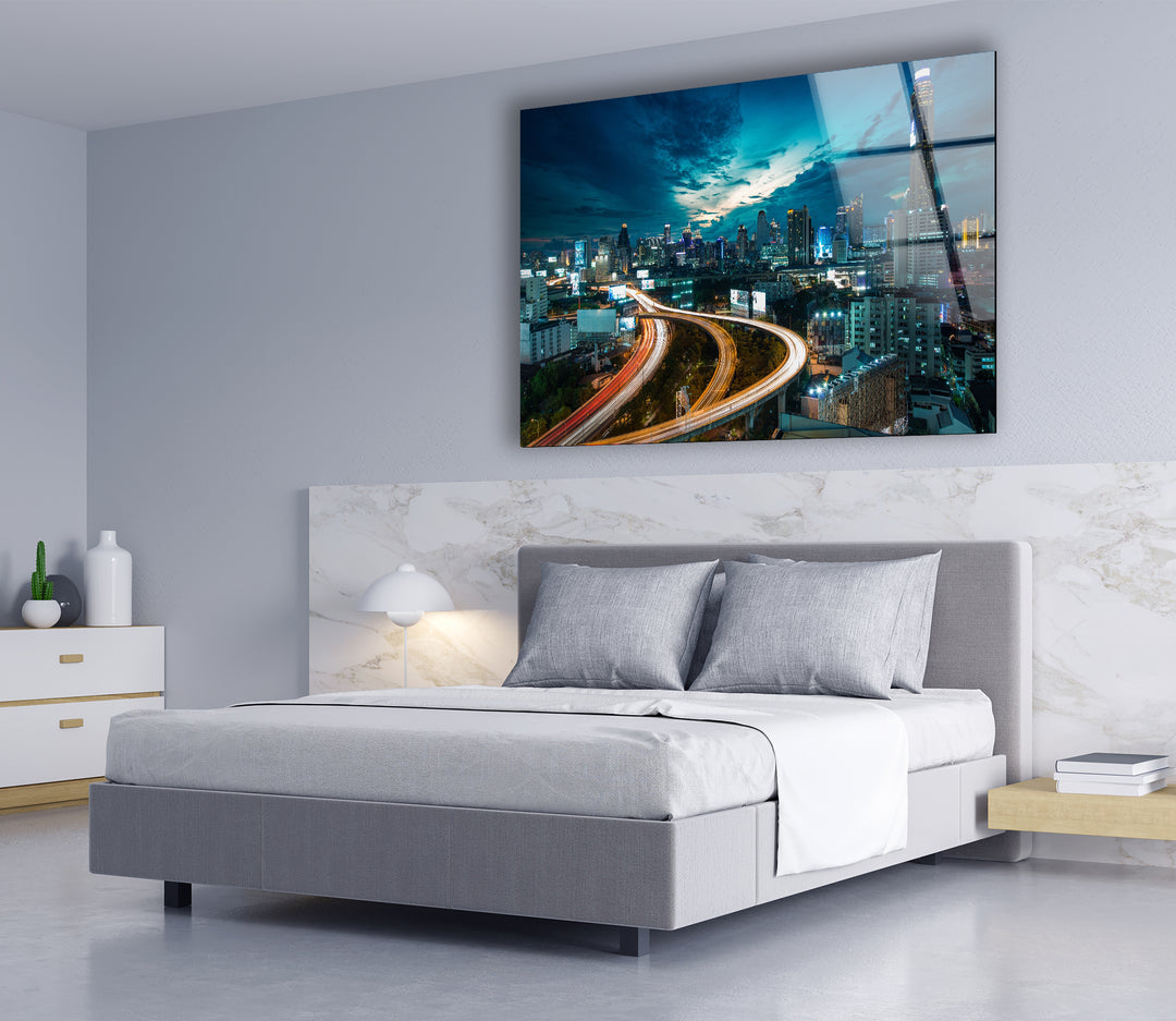 Glaswandkunst mit der Skyline von Bangkok – Atemberaubender Nachtblick auf Thailands ikonisches Stadtbild