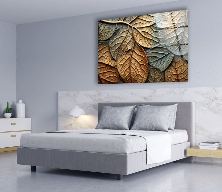 Golden Autumn Leaves Wall Art – Textured Nature Glass Decor