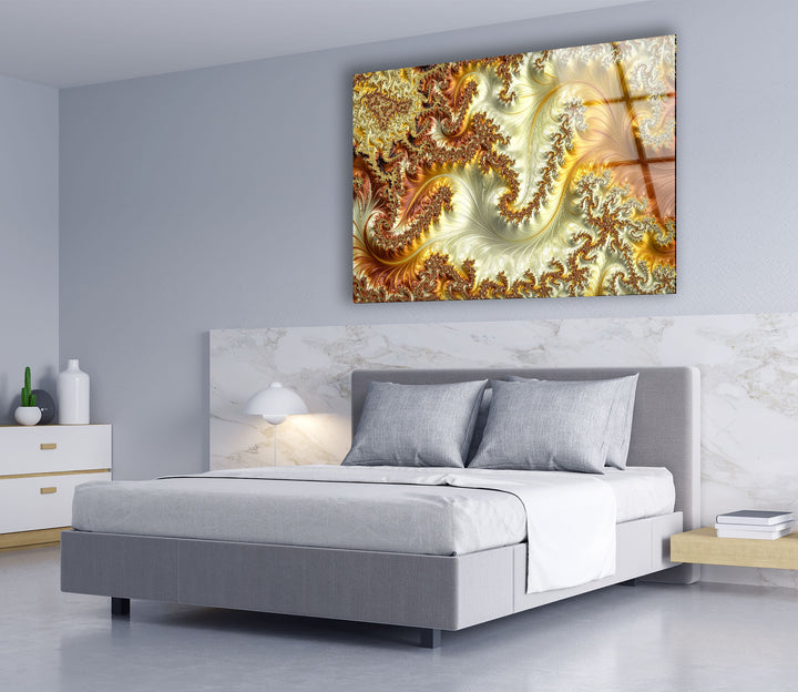 Goldene fraktale Wirbel Wandkunst – Abstrakter Spiralglasdruck 