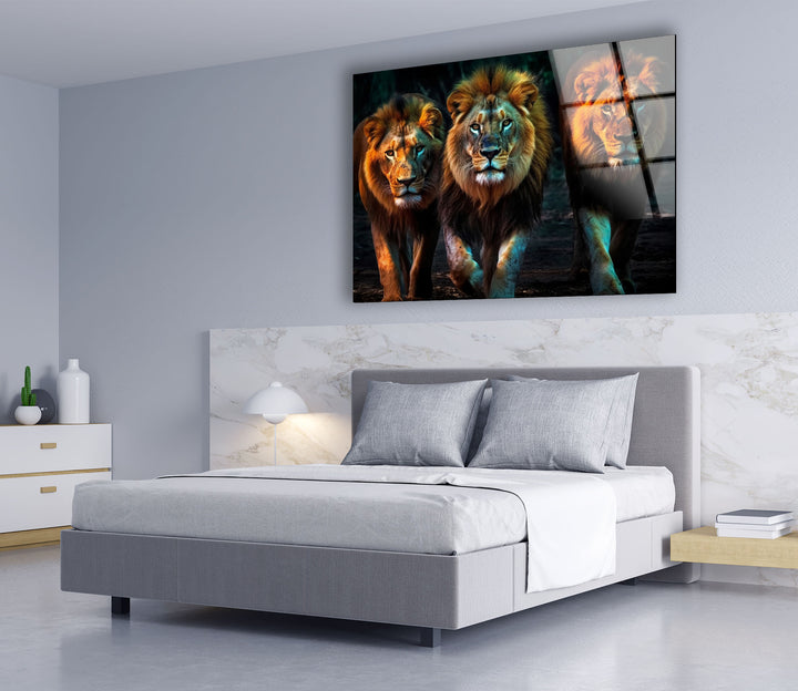 Dreifache Löwenmajestät Wandkunst – Kraftvoller Wildlife-Glasdruck 