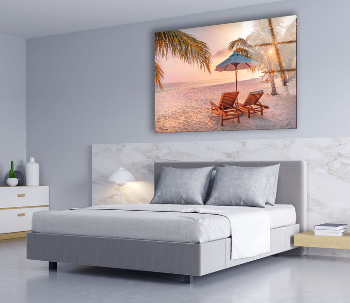 Tropical Beach Sunset Wall Art – Relaxing Seaside Glass Print