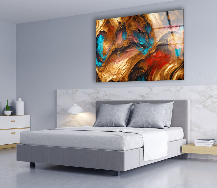 Fiery Gold & Teal Abstract Wall Art – Fluid Ink Design for Interiors