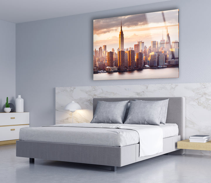 Glaswandkunst des Empire State Buildings – Atemberaubende Skyline von NYC bei Sonnenuntergang