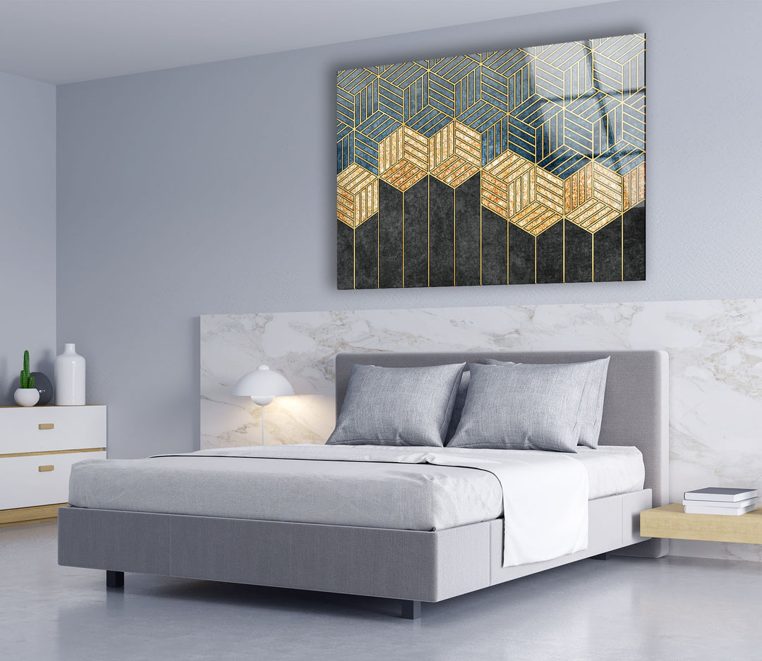 Goldene geometrische Wandkunst – Moderner Glasdruck mit Blau- und Schwarztönen 