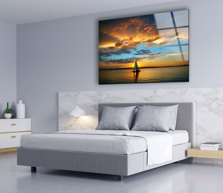 Golden Horizon Wall Art – Sailboat Sunset Glass Print