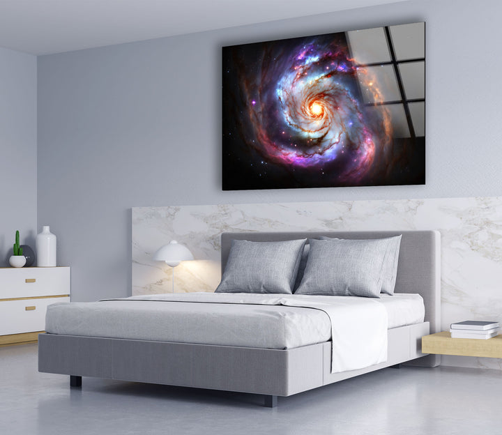 Galaktische Spirale Wandkunst – Lebendiger Weltraumnebel-Glasdruck 