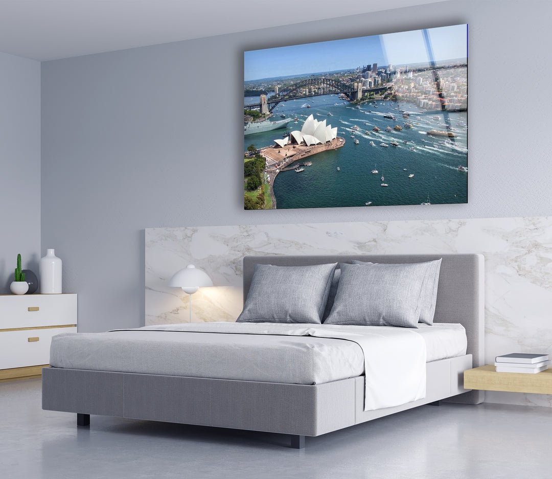 Glaswandkunst des Sydney Opera House – Ikonischer Blick auf Australiens Wahrzeichen und die Harbour Bridge