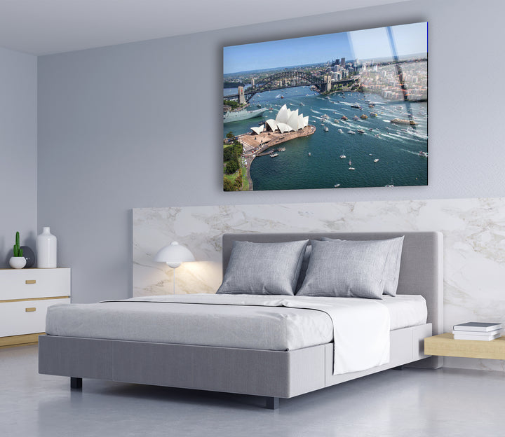 Glaswandkunst des Sydney Opera House – Ikonischer Blick auf Australiens Wahrzeichen und die Harbour Bridge