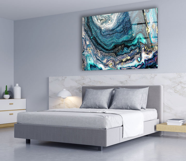 Galaxy Marble Wall Art | Teal Gold Abstract Glass Print for Walls