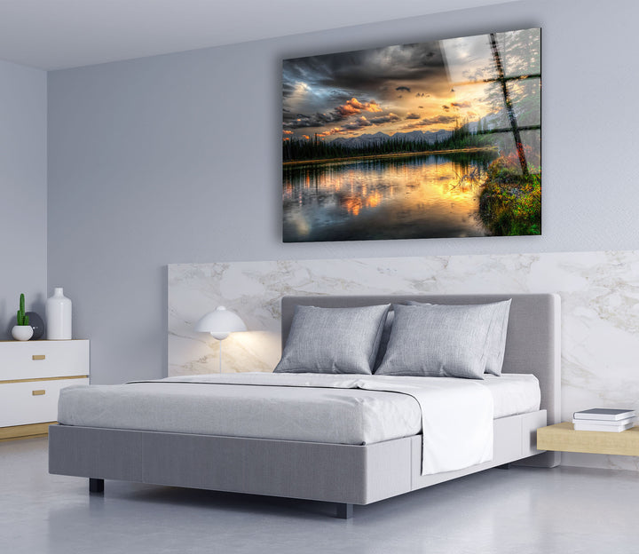 Sunset Lake Wall Art – Serene Forest Landscape Glass Print