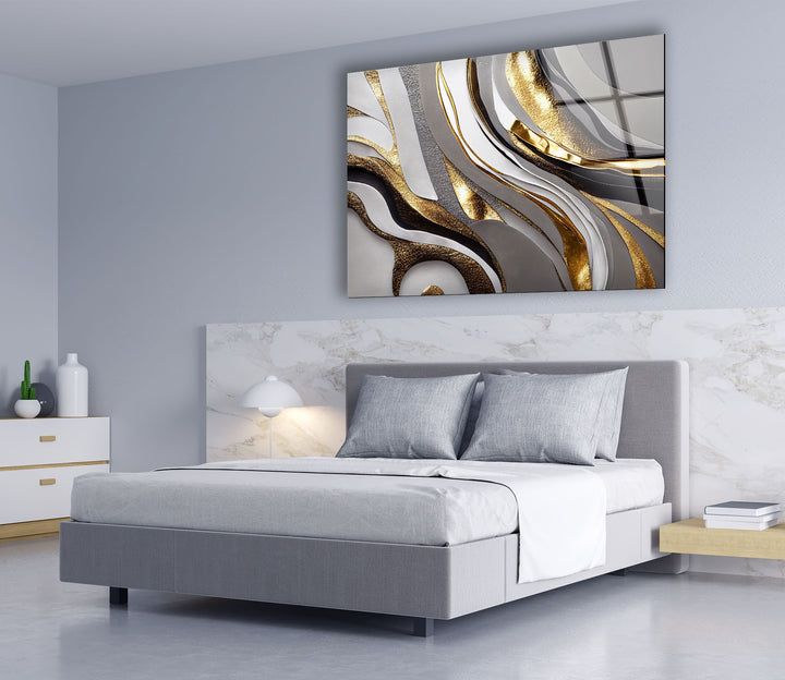 Luxuriöse Wandkunst in Silber und Gold – Abstrakter Glasdruck für Innenräume 