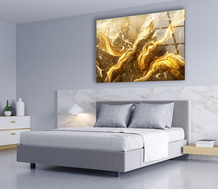 Abstrakte Wandkunst aus goldenem Marmor – Eleganter Glasdruck für Innenräume 