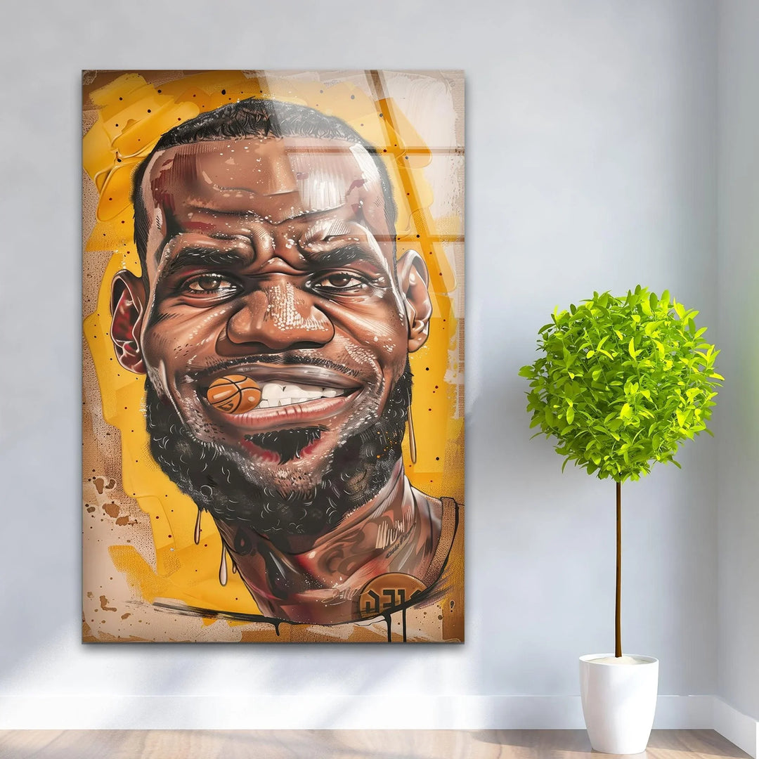 Glass wall art of a stylized basketball athlete portrait with bold yellow background and comic details.-Lebron James Photographs on Glass Prints