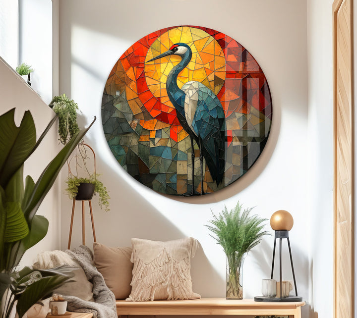 Crimson Dawn – Buntglas-Kranich-Wandkunst