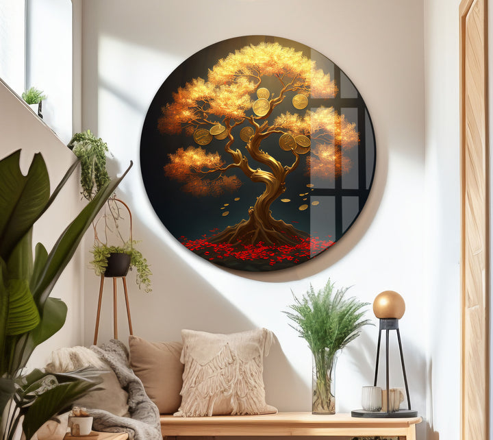 Goldener Geldbaum als Wanddekoration – Symbol für Wohlstand und Reichtum aus Glas