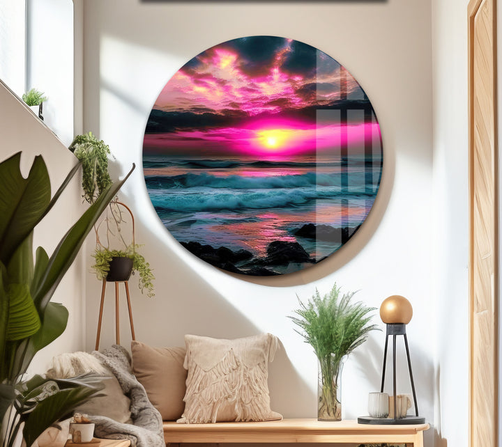 Lebendige Sonnenuntergang Ozean Wandkunst – Rosa Himmel &amp; Wellen Glasdruck-Design