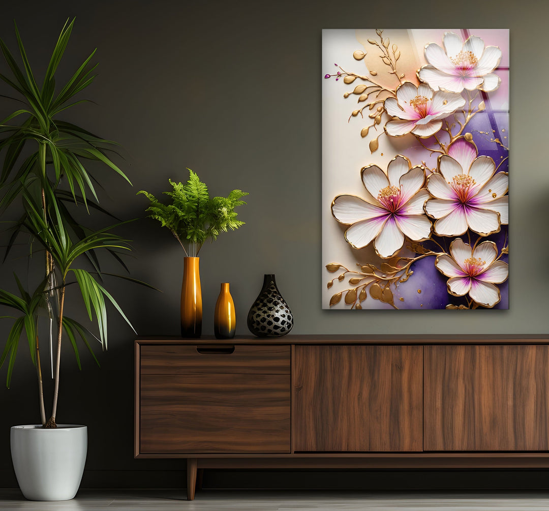 White Flower with Gold Details Glass Wall Art photo print on glass, prints on glass wall art
