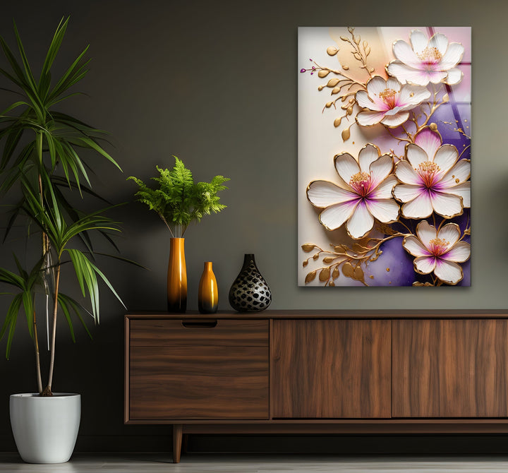 White Flower with Gold Details Glass Wall Art photo print on glass, prints on glass wall art
