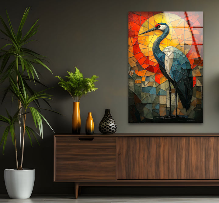 Crimson Dawn – Buntglas-Kranich-Wandkunst