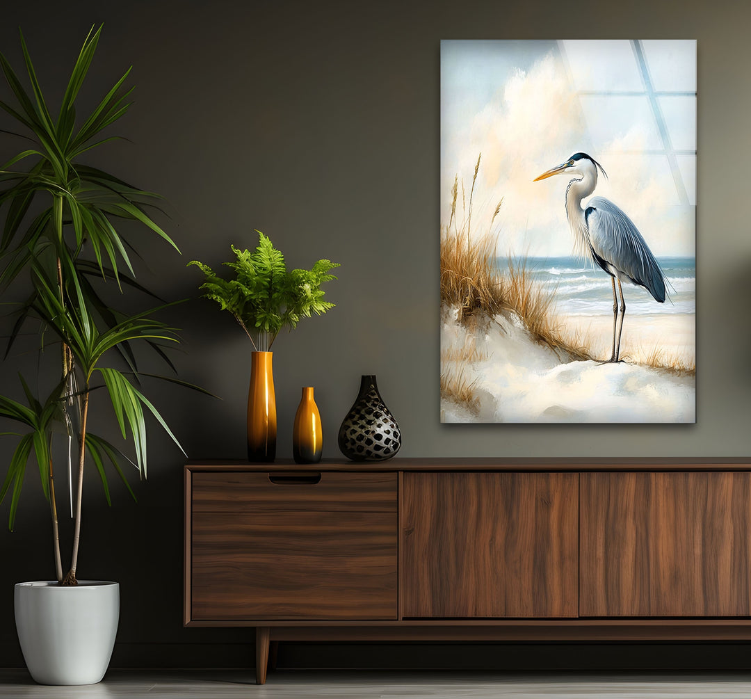 Coastal Watch – Reiher am Ufer – Glaswandkunst