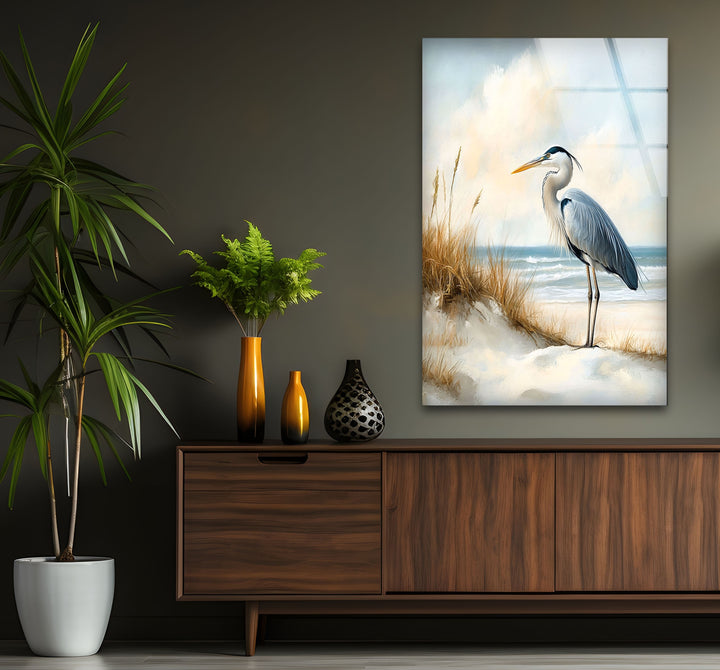 Coastal Watch – Reiher am Ufer – Glaswandkunst