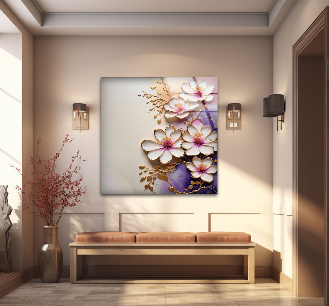 White Flower with Gold Details Glass Wall Art large glass photo prints, glass wall photos
