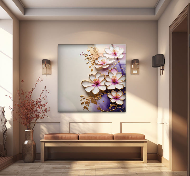 White Flower with Gold Details Glass Wall Art large glass photo prints, glass wall photos
