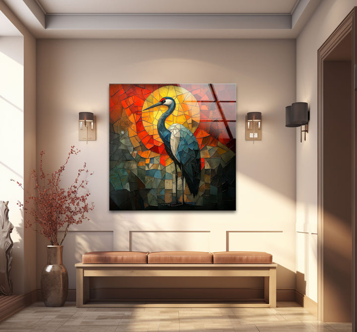 Crimson Dawn – Buntglas-Kranich-Wandkunst