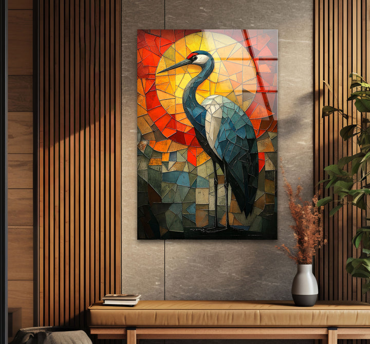 Crimson Dawn – Buntglas-Kranich-Wandkunst