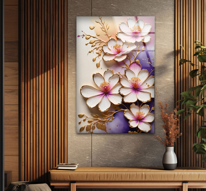 White Flower with Gold Details Glass Wall Art custom glass photo prints, large glass prints
