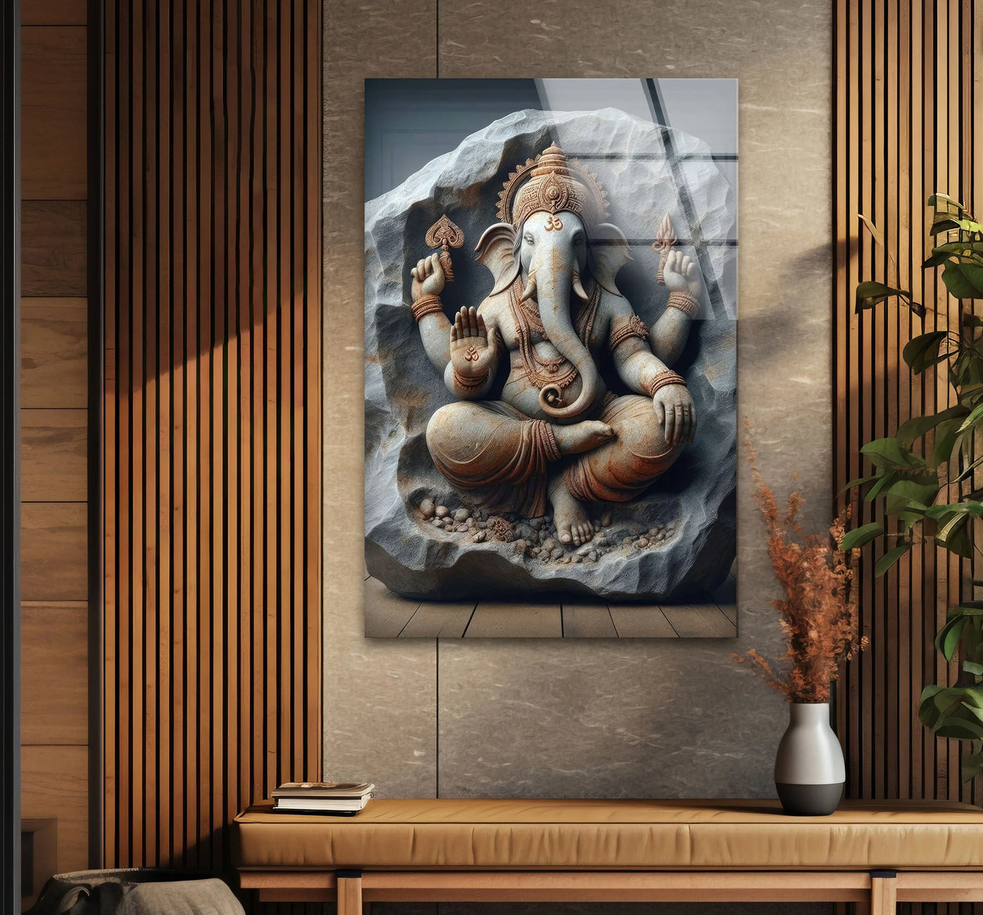 Grey is the dominant color of this Buddha sitting on stone best glass art, adding a sense of serenity to this spiritual decor piece.