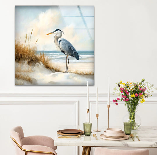Coastal Watch – Heron by the Shore Glass Wall Art - MyPhotoStation