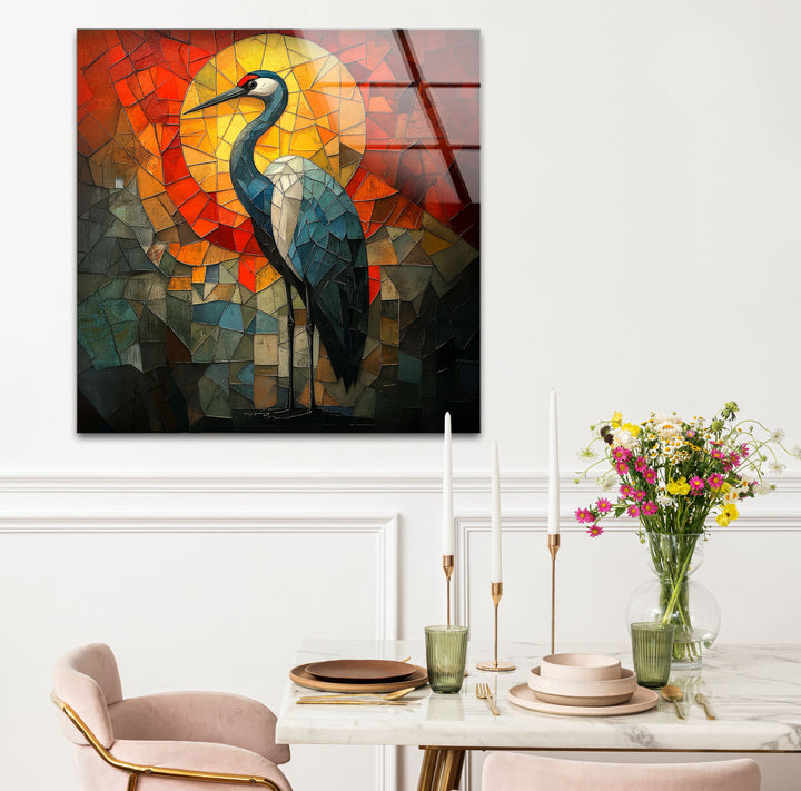 Crimson Dawn – Buntglas-Kranich-Wandkunst