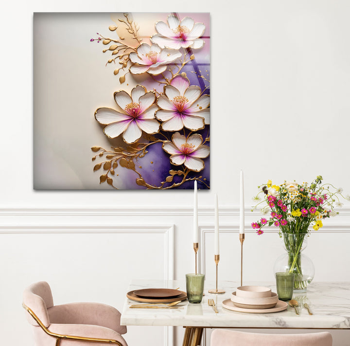 White Flower with Gold Details Glass Wall Art glass pictures for Wall, glass prints wall art

