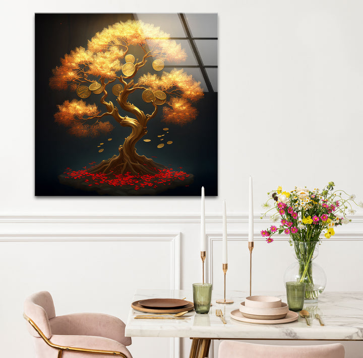 Goldener Geldbaum als Wanddekoration – Symbol für Wohlstand und Reichtum aus Glas