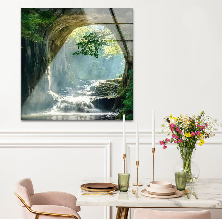 Wald-Wasserfall-Bogen-Wandkunst – Ruhige Naturszene Glasdruck