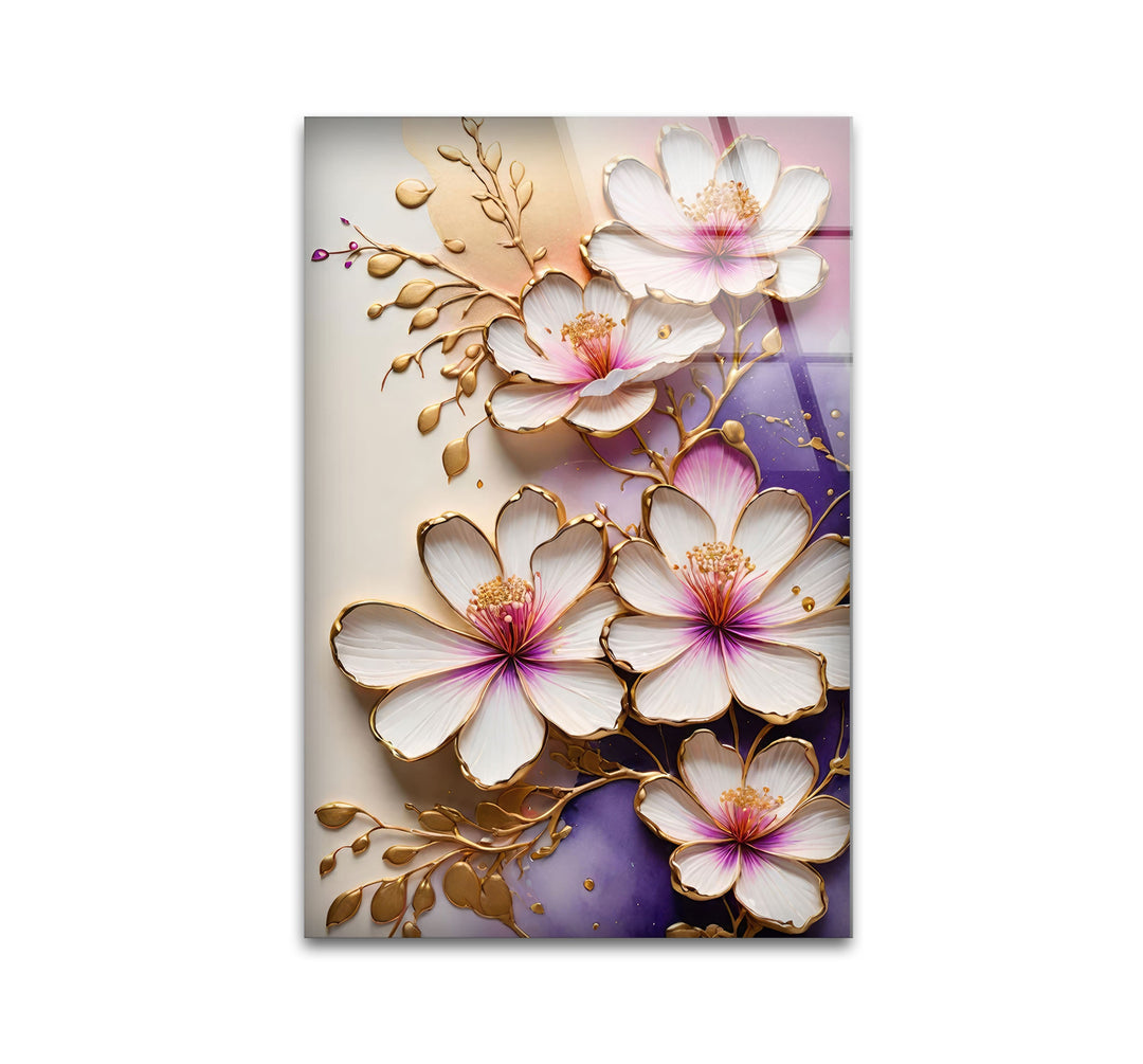 White Flower with Gold Details Glass Wall Art print picture on glass, Tempered Glass Wall Art
