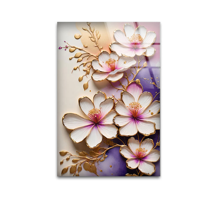 White Flower with Gold Details Glass Wall Art print picture on glass, Tempered Glass Wall Art
