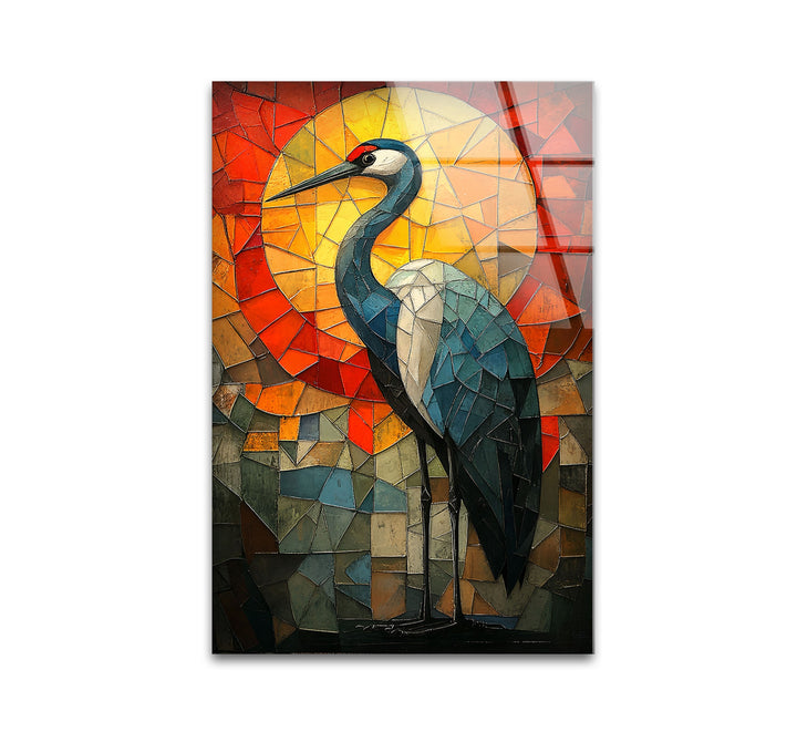 Crimson Dawn – Buntglas-Kranich-Wandkunst