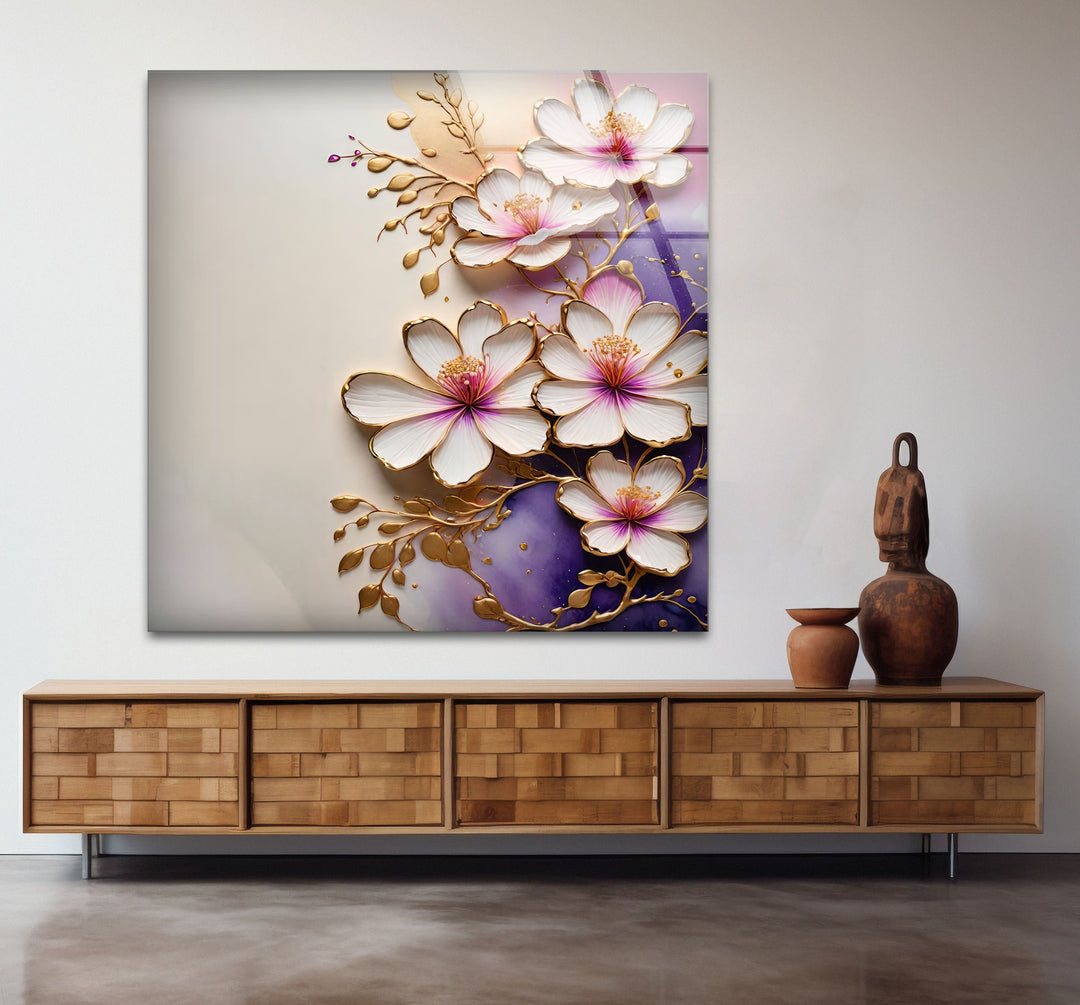 White Flower with Gold Details Glass Wall Art picture on glass wall art, photos printed on glass

