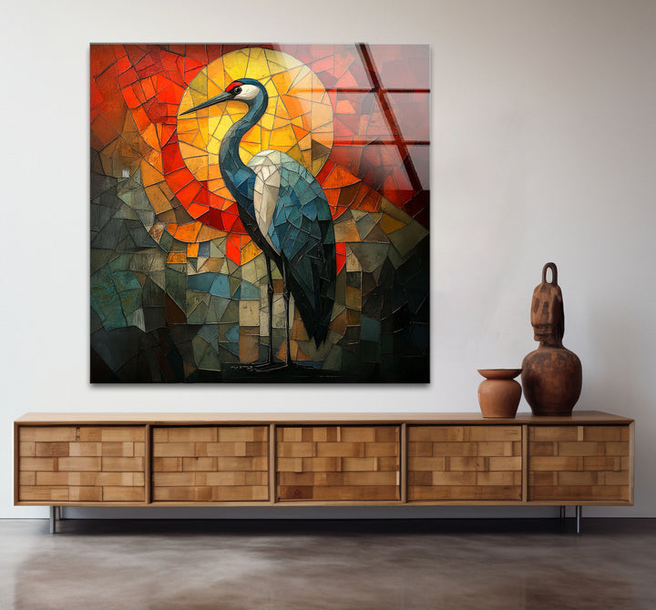 Crimson Dawn – Buntglas-Kranich-Wandkunst