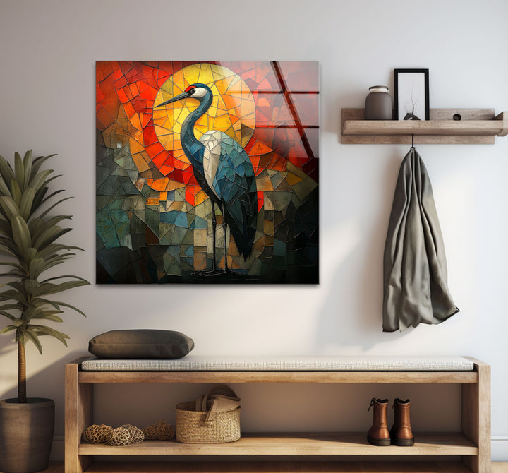 Crimson Dawn – Buntglas-Kranich-Wandkunst