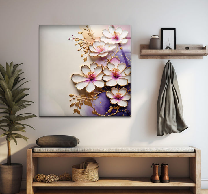 White Flower with Gold Details Glass Wall Art print on glass, glass printed photos
