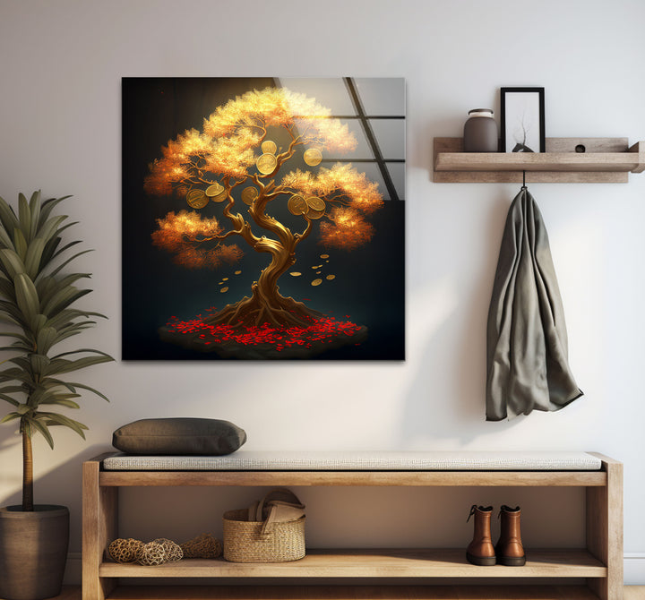 Goldener Geldbaum als Wanddekoration – Symbol für Wohlstand und Reichtum aus Glas