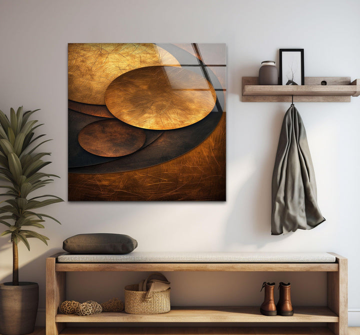 Bronzene Art-Deco-Wandkunst aus Glas mit geometrischen Motiven