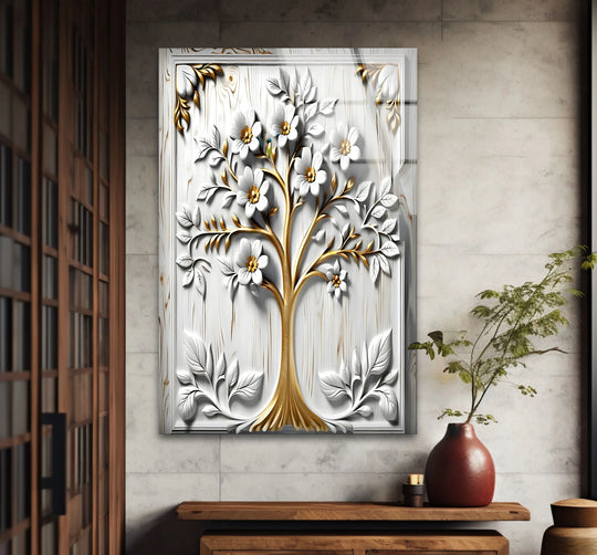 White flower tree glass wall art with ample negative space, a captivating home decor piece.