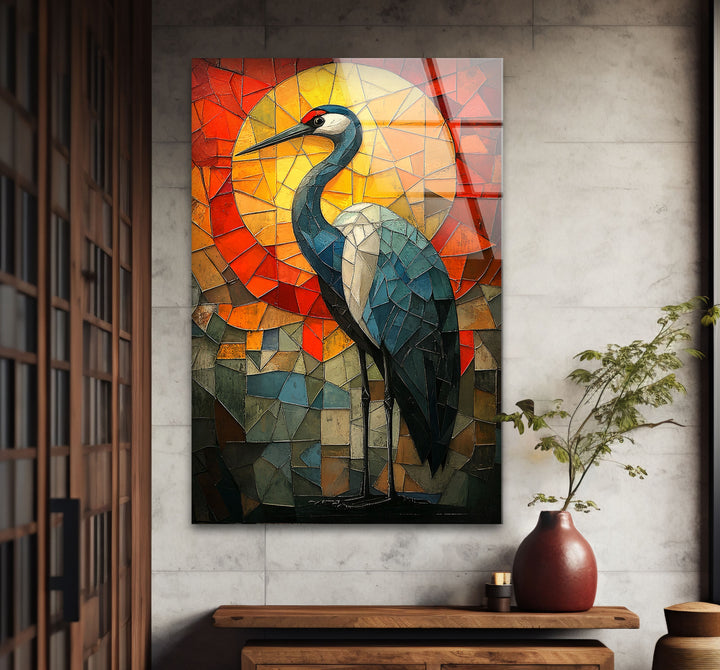 Crimson Dawn – Buntglas-Kranich-Wandkunst