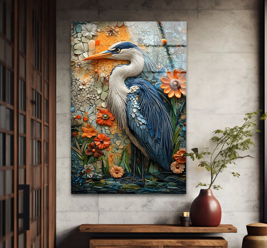 Garden Sentinel – Textured Floral Heron Glass Wall Art - MyPhotoStation