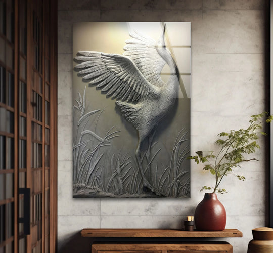 Negative space highlights the dramatic, outstretched wings of a stone stork in this striking hanging wall art.