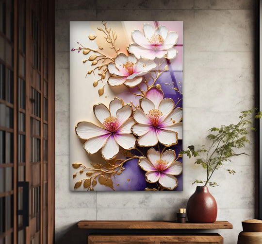 Delicate white flowers with gold accents are set against a soft watercolor-like background in this stunning art from glass piece.